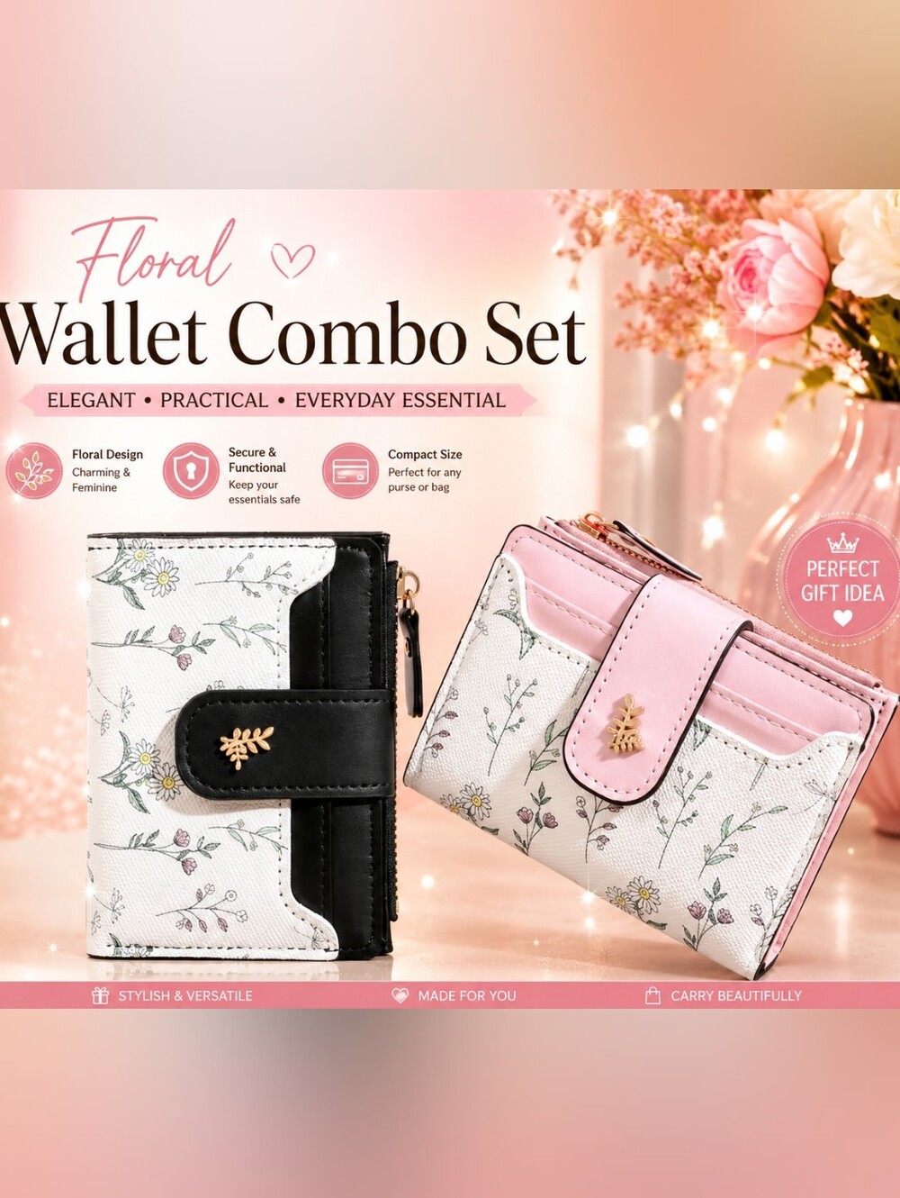 FLORAL WALLET COMBO SET - PINK & BLACK "NEW" 🩷🖤